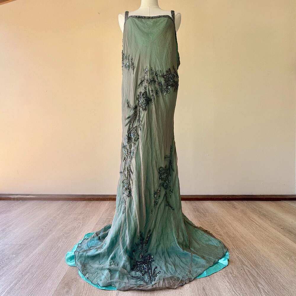 Vintage Scala 100% Silk Beaded Floral Maxi Dress Gunmetal Teal Plus Size 2X - Picture 3 of 16
